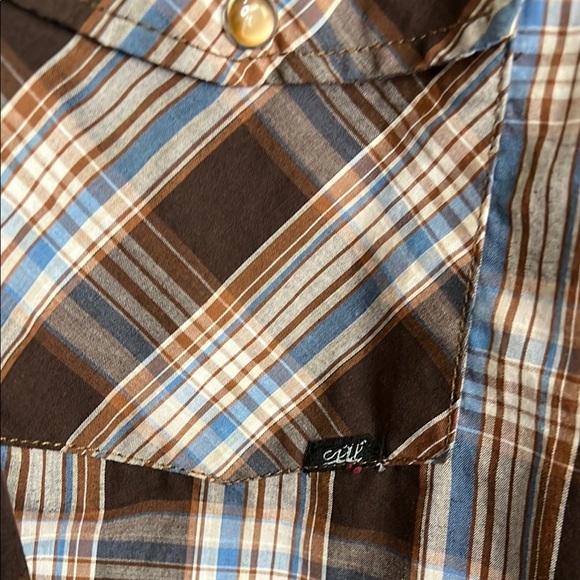 Brown and White Casual Plaid pearl snap Button Down Shirt - Picture 5 of 7